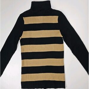 Lauren Ralph Lauren Turtleneck Sweater Womens L Black Tan Stripes Logo Long Slee